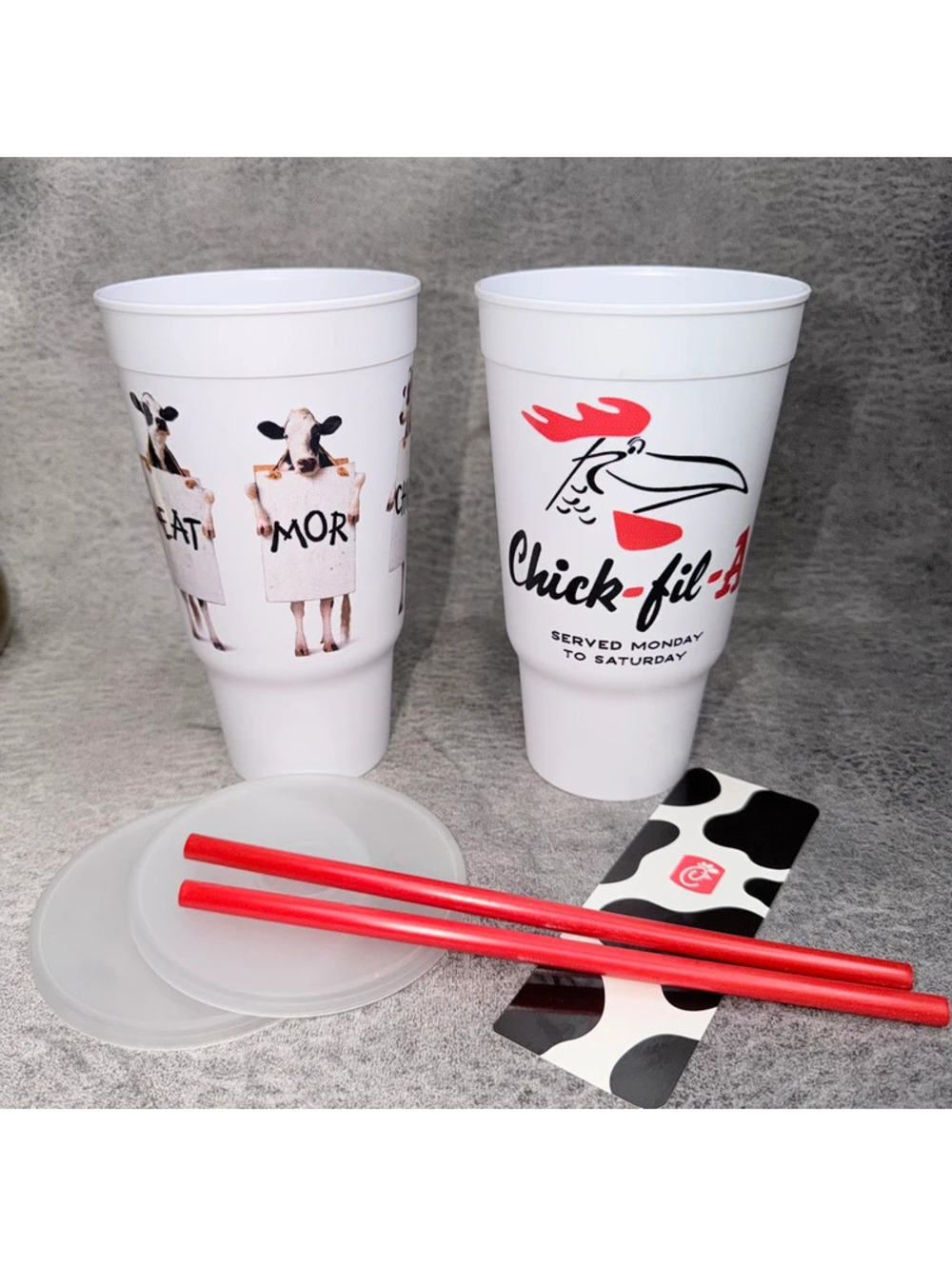 Chick-fil-A Cows Plastic Tumbler Cups Lids Straws Bookmark Collectible Set
